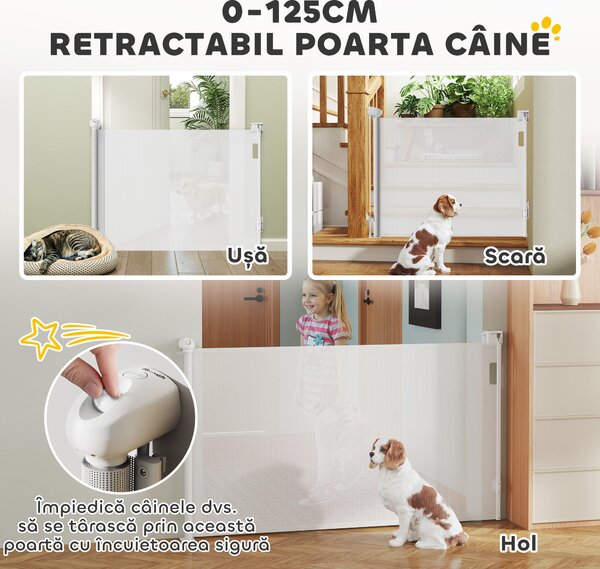 PawHut Gard Extensibil pentru Câini 0-144cm cu Blocare Automată, Alb | Aosom Romania