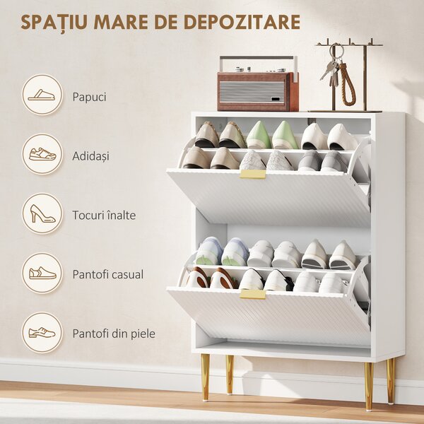 HOMCOM Dulap pentru pantofi pentru 12 perechi de pantofi cu 2 sertare rabatabile, Alb | Aosom Romania