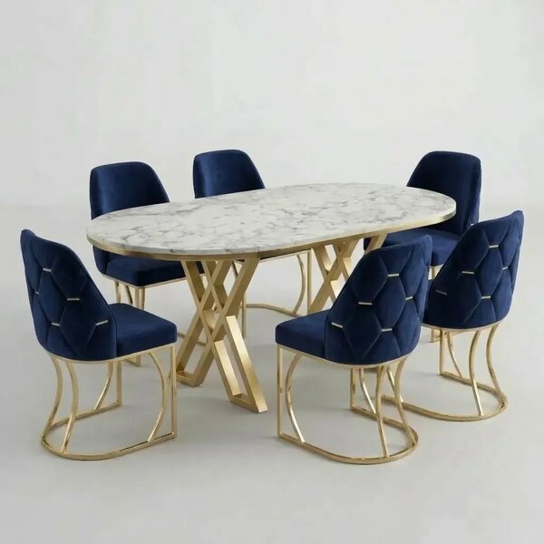 Set Masă și 6 Scaune Fergana, Stil Elegant, Detalii Aurii, 85x160 cm, Blat Marmorat Alb