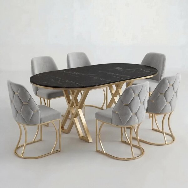 Set Masa şi 6 Scaune Fergana, Stil Elegant, Detalii Aurii, 85x160 cm, Blat Marmorat Negru