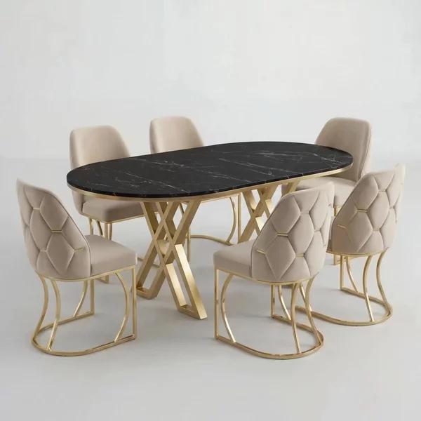 Set Masa şi 6 Scaune Fergana, Stil Elegant, Detalii Aurii, 85x160 cm, Blat Marmorat Negru