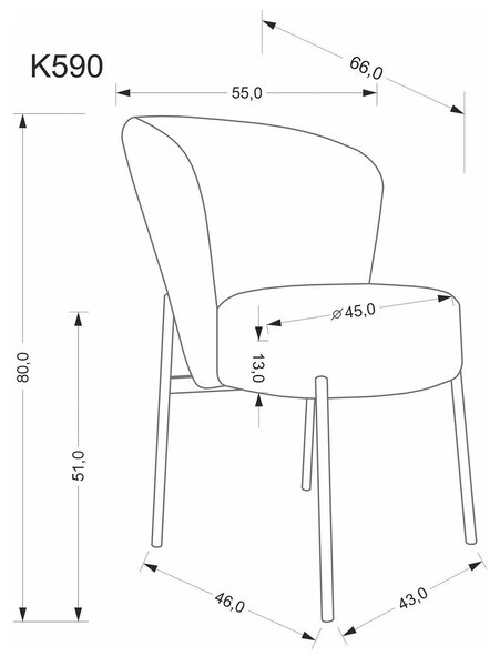 Scaun K590, bej - Cremona 14, stofa catifelata/otel, 55x66x80 cm