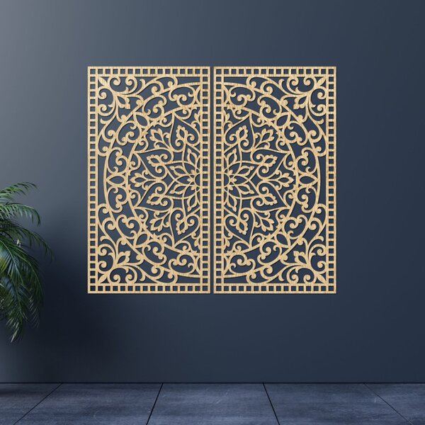 Pictură Mandala din lemn, 2 piese – Decorațiune murală sculptată - FLOUFER