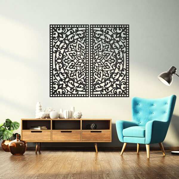 Pictură Mandala din lemn, 2 piese – Decorațiune murală sculptată - FLOUFER