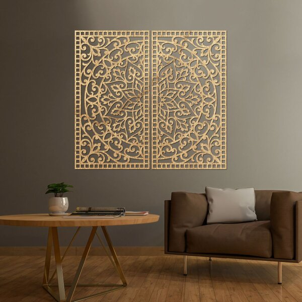 Pictură Mandala din lemn, 2 piese – Decorațiune murală sculptată - FLOUFER