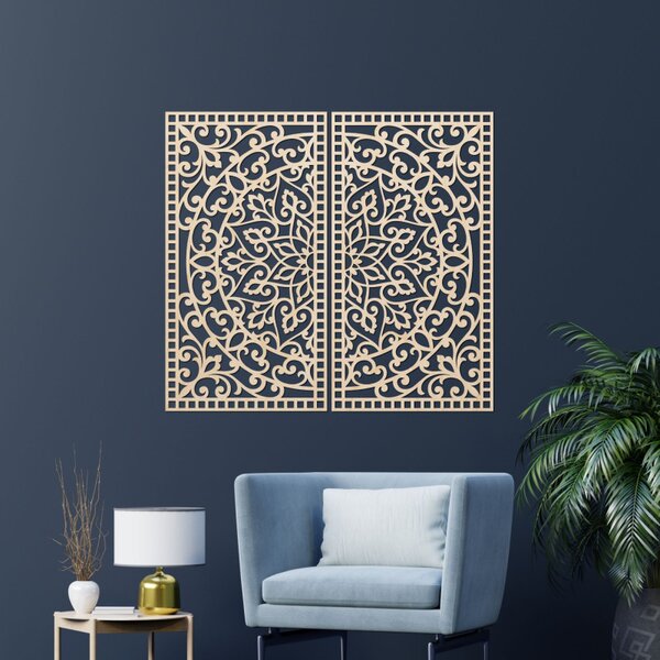 Pictură Mandala din lemn, 2 piese – Decorațiune murală sculptată - FLOUFER