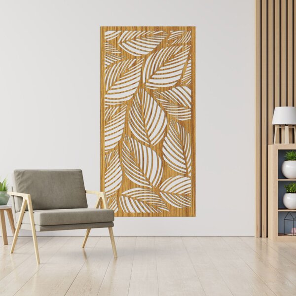 Decorațiune murală din lemn cu frunze – pictură tropicală pe panou | LUFUS