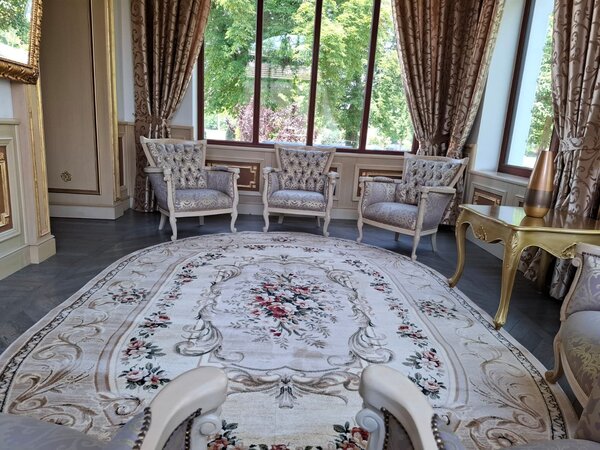 Covor Clasic Sufragerie, Model 535 106, Covor Living Dormitor, Crem Bej Oval, Crem, 60x110