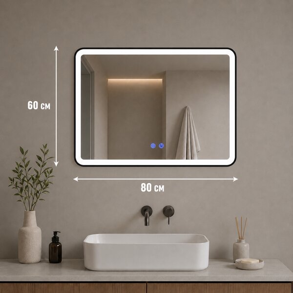 Oglindă de baie cu iluminare LED și funcție anti-aburire – ramă neagră, 60x80 cm