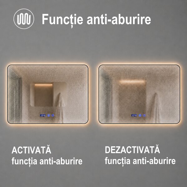 Oglindă de baie cu iluminare LED și funcție anti-aburire – ramă neagră, 60x80 cm