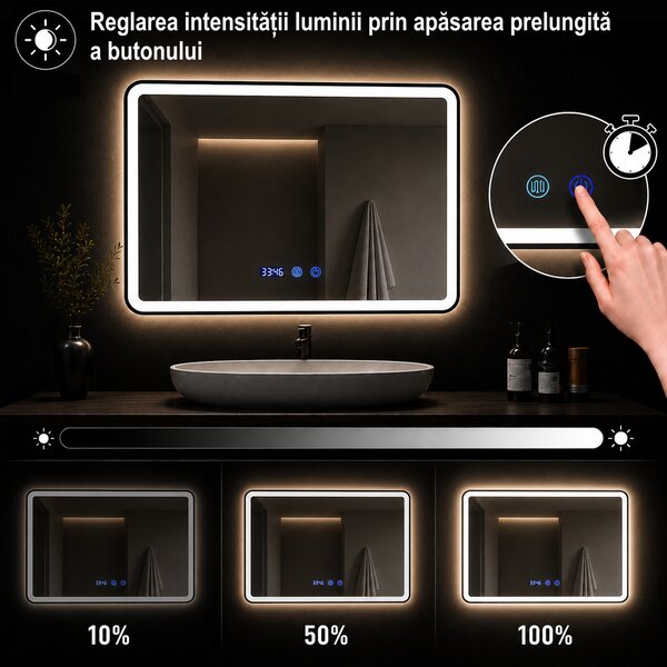 Oglindă de baie cu iluminare LED și funcție anti-aburire – ramă neagră, 60x80 cm
