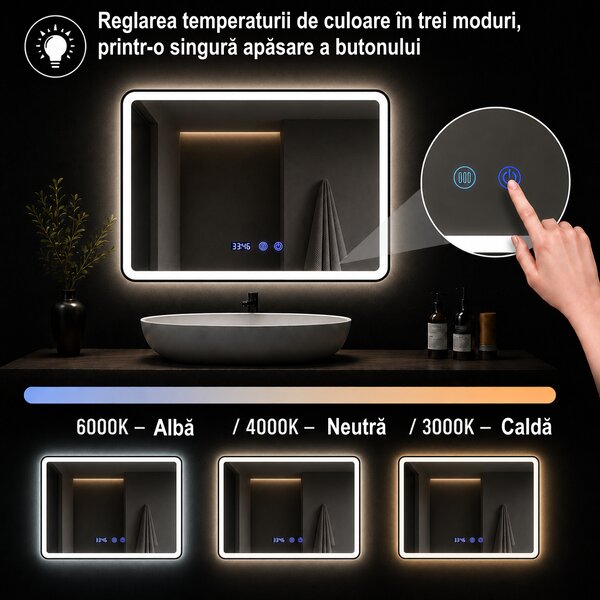 Oglindă de baie cu iluminare LED și funcție anti-aburire – ramă neagră, 60x80 cm