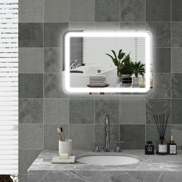 Kleankin Oglindă LED, pentru Baie și Machiaj,lumina Reglabilă cu 3 Temperaturi de Culoare, Design anti-aburire, 70x50 cm, Argintiu | Aosom Romania