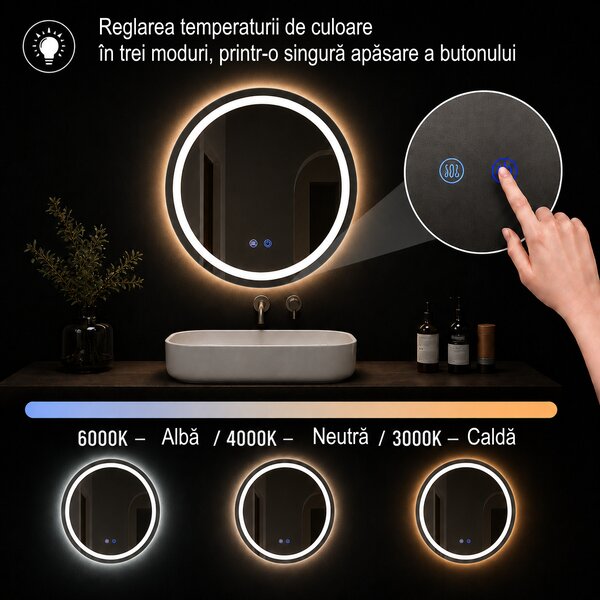 Oglindă de baie cu iluminare LED integrată 3 culori Doris