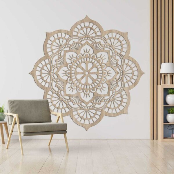 Mandala pictată pe perete din lemn cu motiv de floare de lotus | LOTOIS