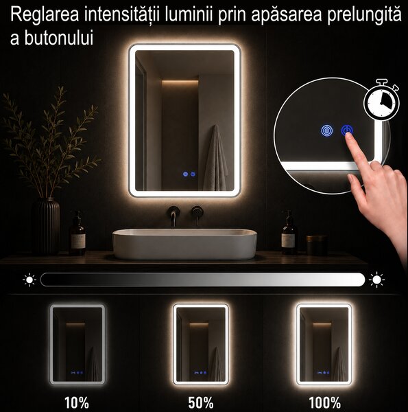 Oglindă de baie Bianca cu iluminare LED și funcție anti-aburire – ramă argintie, 60x80 cm