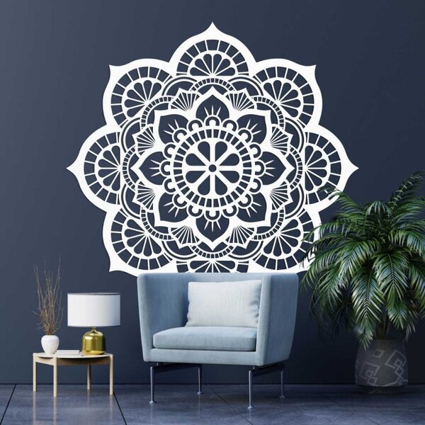 Mandala pictată pe perete din lemn cu motiv de floare de lotus | LOTOIS