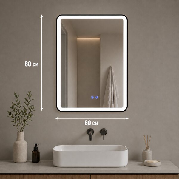 Oglindă de baie Bianca cu iluminare LED și funcție anti-aburire – ramă neagră, 60x80 cm