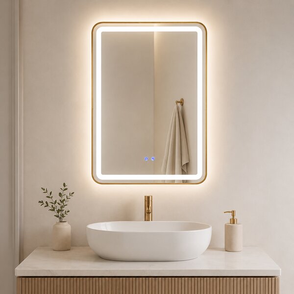 Oglindă de baie Bianca cu iluminare LED și funcție anti-aburire – ramă aurie, 60x80 cm