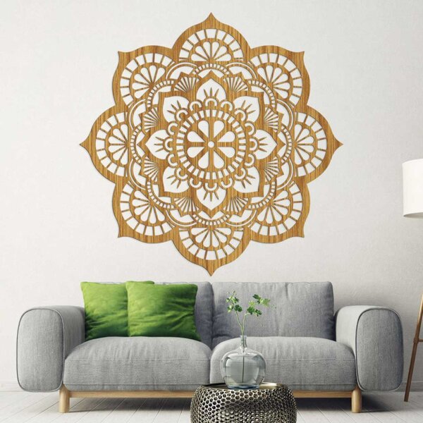 Mandala pictată pe perete din lemn cu motiv de floare de lotus | LOTOIS
