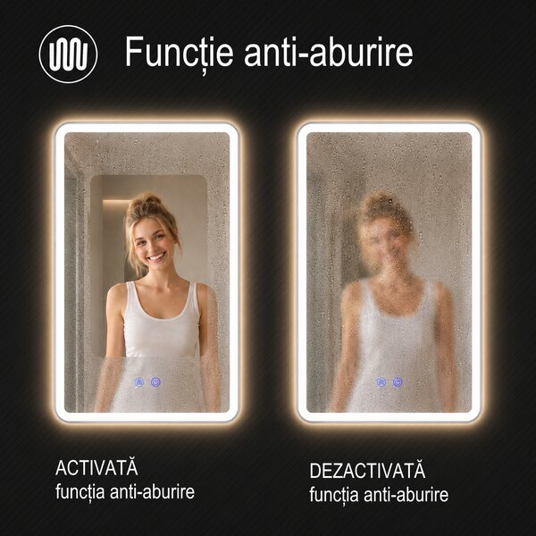 Oglindă de baie Bianca cu iluminare LED și funcție anti-aburire – ramă argintie, 60x80 cm