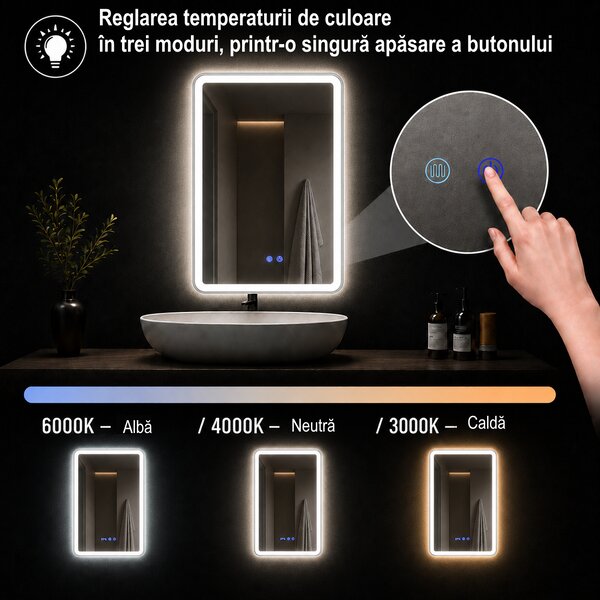 Oglindă de baie Bianca cu iluminare LED și funcție anti-aburire – ramă argintie, 60x80 cm
