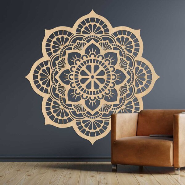 Mandala pictată pe perete din lemn cu motiv de floare de lotus | LOTOIS