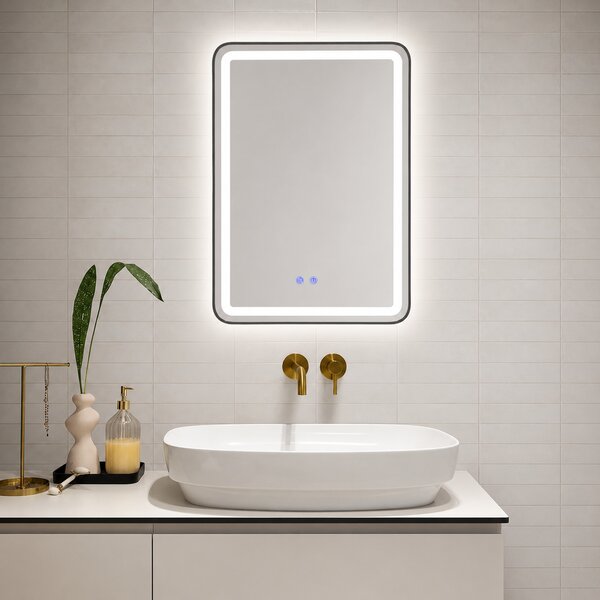 Oglindă de baie Bianca cu iluminare LED și funcție anti-aburire – ramă argintie, 60x80 cm