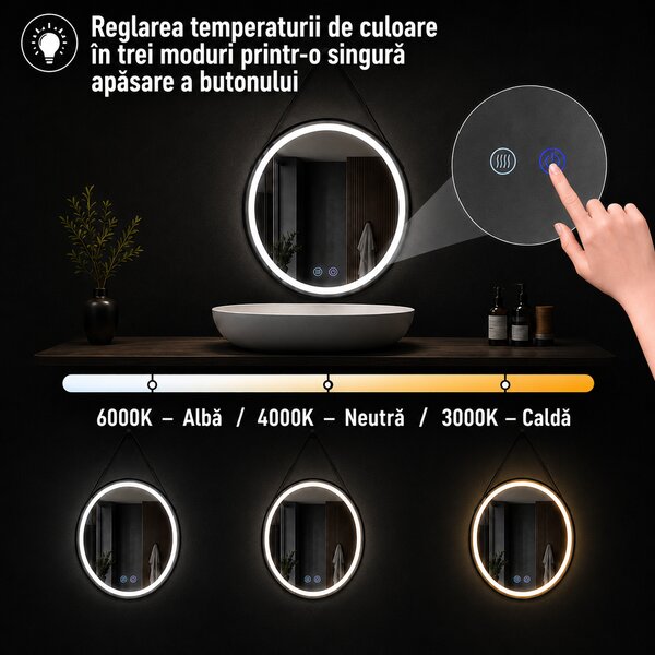 Oglindă de baie cu iluminare LED și funcție anti-aburire Senara – 70x70 cm