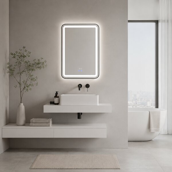 Oglindă de baie Bianca cu iluminare LED și funcție anti-aburire – ramă argintie, 60x80 cm