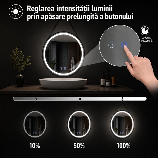 Oglindă de baie cu iluminare LED și funcție anti-aburire Senara – 70x70 cm