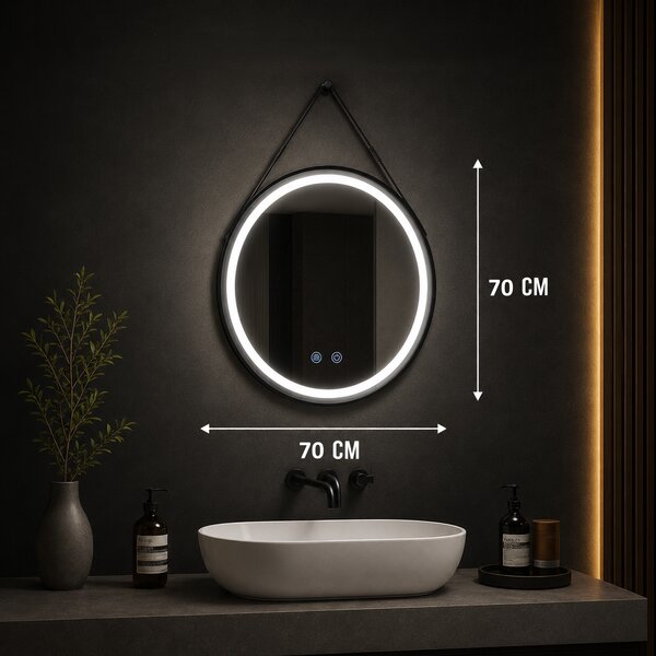 Oglindă de baie cu iluminare LED și funcție anti-aburire Senara – 70x70 cm