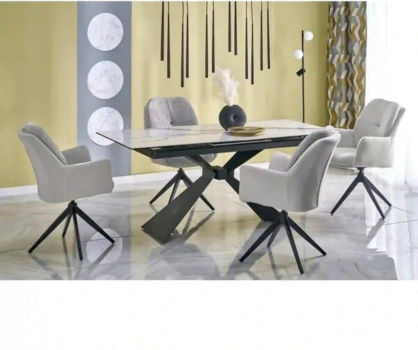 Masa extensibila LUCIANO, alb cu efect de marmura/negru, ceramica/stic