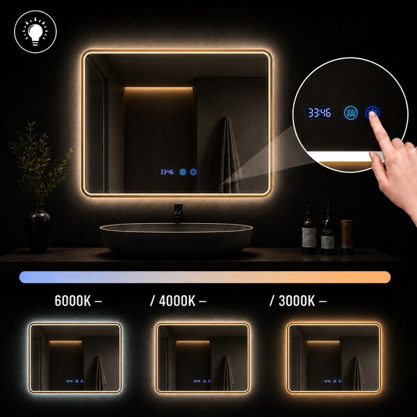 Oglindă de baie cu iluminare LED și funcție anti-ceață - Ramă argintie 80x60 cm