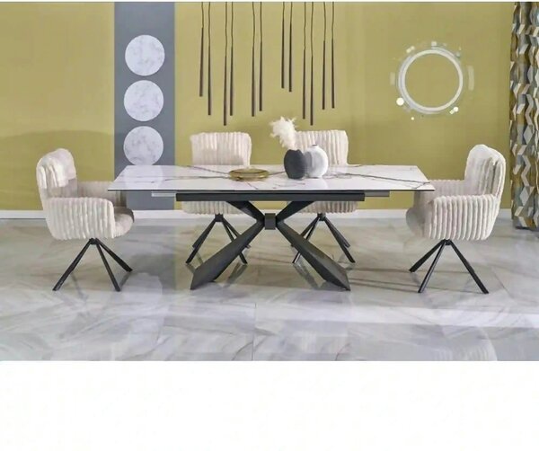 Masa extensibila LUCIANO, alb cu efect de marmura/negru, ceramica/stic