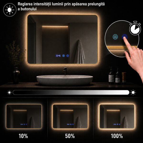 Oglindă de baie cu iluminare LED și funcție anti-ceață - Ramă aurie 80x60 cm