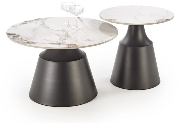Set 2 masute cafea MAGNETA, alb cu efect de marmura/negru, piatra sint