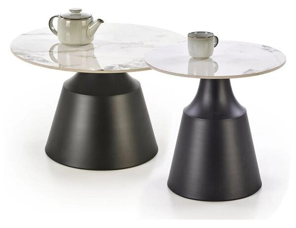 Set 2 masute cafea MAGNETA, alb cu efect de marmura/negru, piatra sint