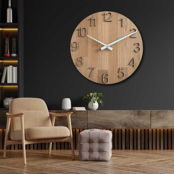 Ceas de perete elegant din stejar masiv - ace argintii | SHTOP