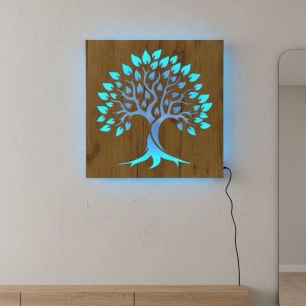 Tablou din lemn cu iluminare din spate „Arborele Vieții” decorațiune de perete cu LED | BAKE