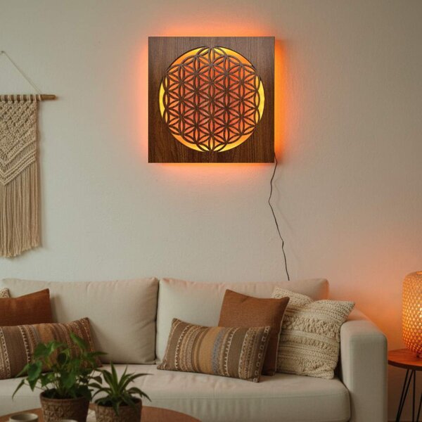 Pictură din lemn cu iluminare din spate Floarea Vieții – decorațiune murală cu mandală LED | MONEN