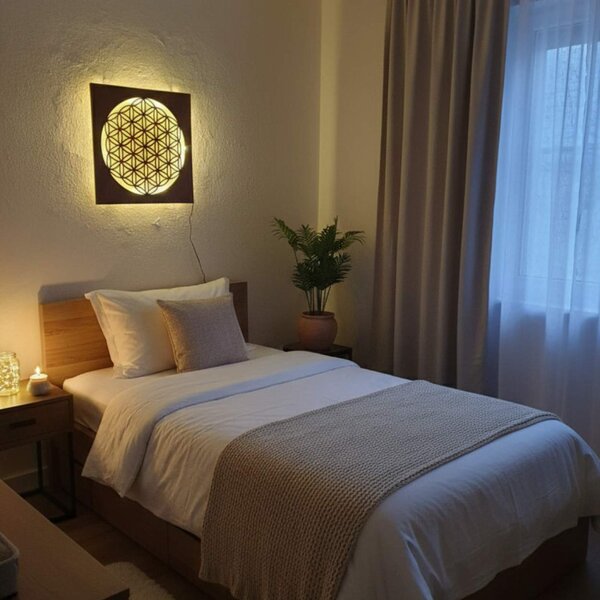 Pictură din lemn cu iluminare din spate Floarea Vieții – decorațiune murală cu mandală LED | MONEN