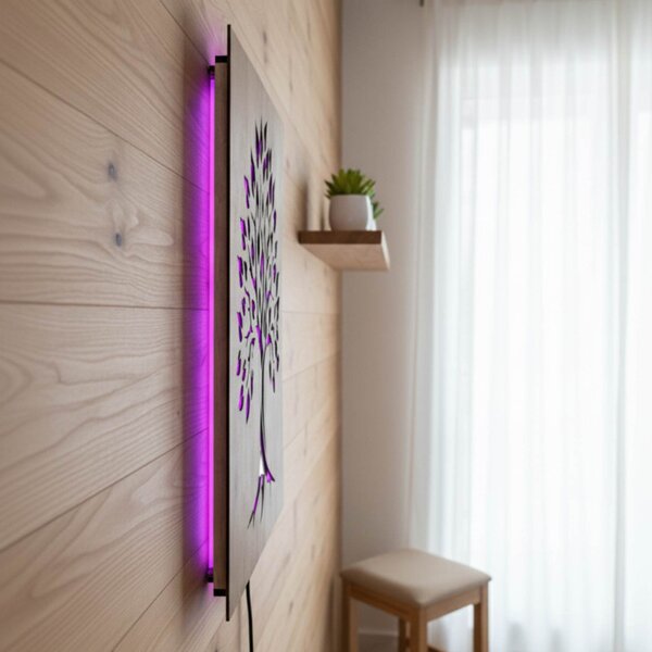 Tablou din lemn cu iluminare din spate „Arborele Vieții” decorațiune de perete cu LED | BAKE