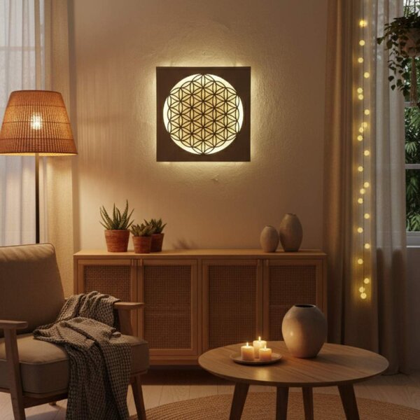 Pictură din lemn cu iluminare din spate Floarea Vieții – decorațiune murală cu mandală LED | MONEN