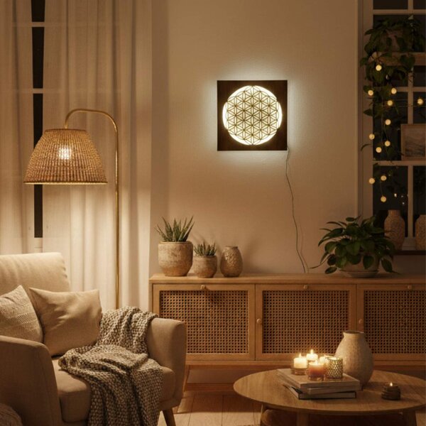 Pictură din lemn cu iluminare din spate Floarea Vieții – decorațiune murală cu mandală LED | MONEN