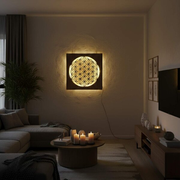 Pictură din lemn cu iluminare din spate Floarea Vieții – decorațiune murală cu mandală LED | MONEN