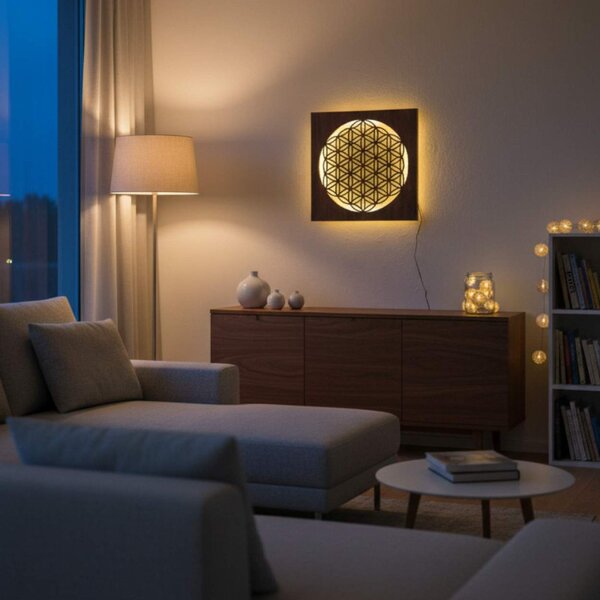 Pictură din lemn cu iluminare din spate Floarea Vieții – decorațiune murală cu mandală LED | MONEN