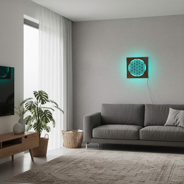 Pictură din lemn cu iluminare din spate Floarea Vieții – decorațiune murală cu mandală LED | MONEN