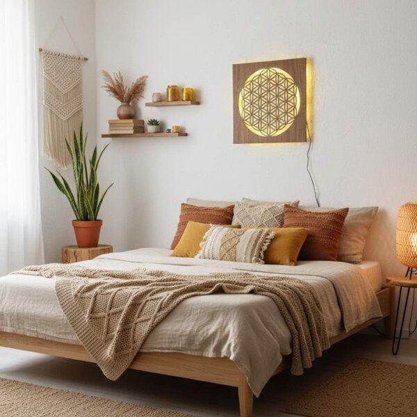 Pictură din lemn cu iluminare din spate Floarea Vieții – decorațiune murală cu mandală LED | MONEN