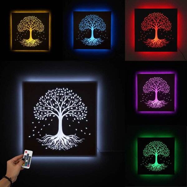 Tablou LED din lemn - Copacul Vieții cu iluminare de fundal RGB - KLARMA